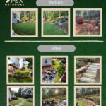 Apex Outdoors Ellijay project showing before and after stone pathway, fire pit, and retaining wall
