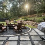 Apex Outdoors custom stone fire pit with seating on backyard patio
